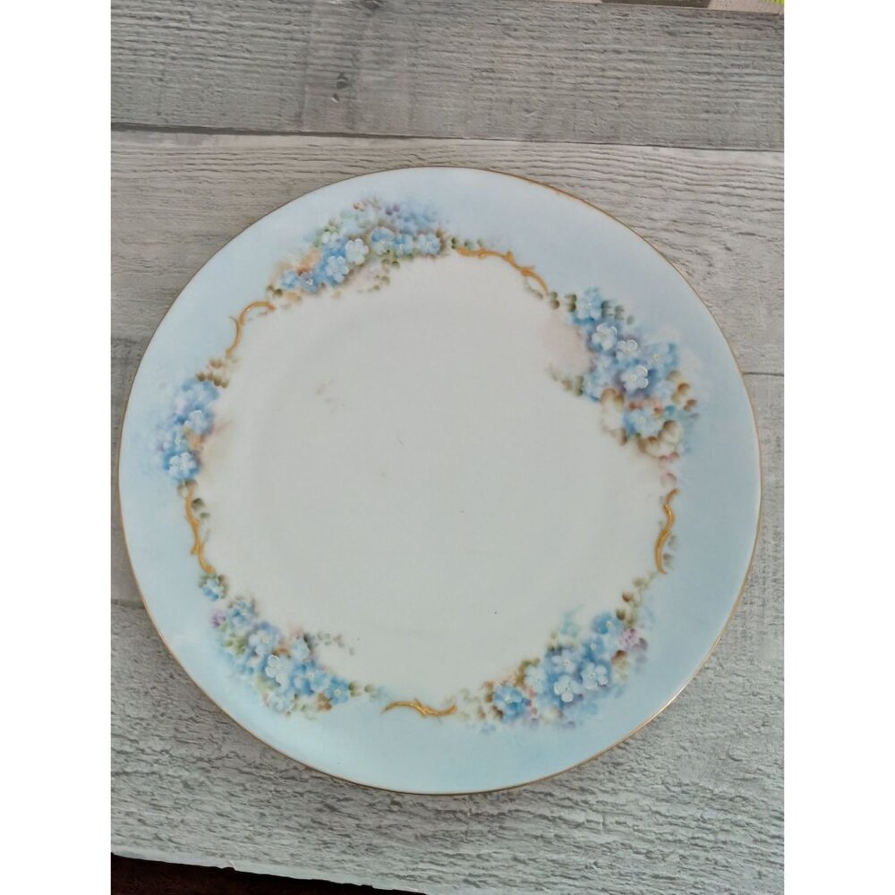 H&Co Bavaria Hand-Painted Porcelain Plate Blue Floral Forget me not Gold Accents
